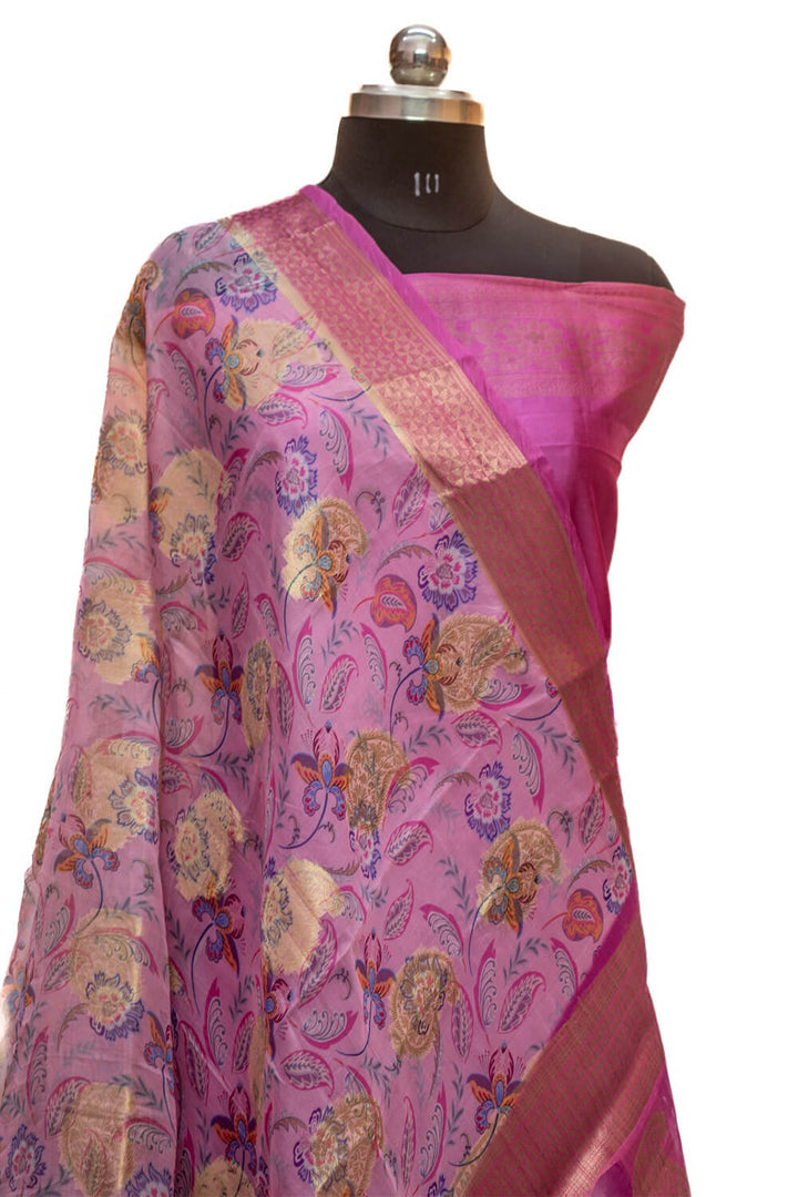 Pink Golden Zari Printed Organza Silk Saree