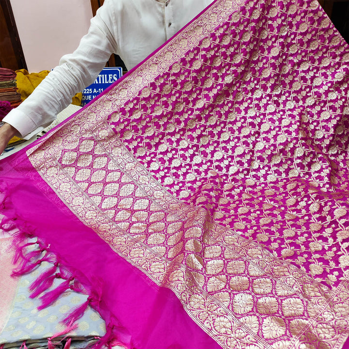 Pink Golden Zari Pure Organza Silk Banarasi Dupatta