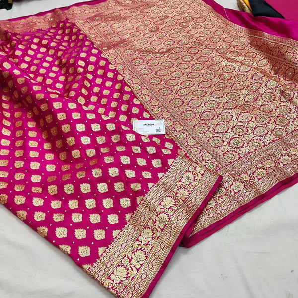 Pink Golden Zari Stone Work Katan Silk Banarasi Saree