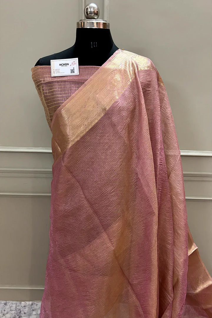 Pink Golden Zari Tissue Silk Banarasi Saree