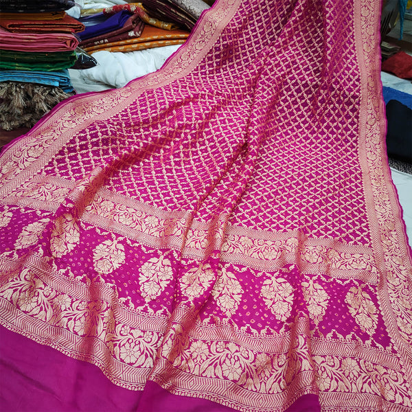 Pink Handloom Bandhej Georgette Banarasi Dupatta