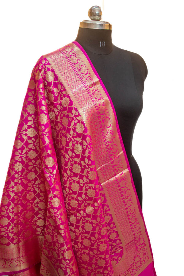 Pink Handloom Pure Katan Silk Banarasi Dupatta