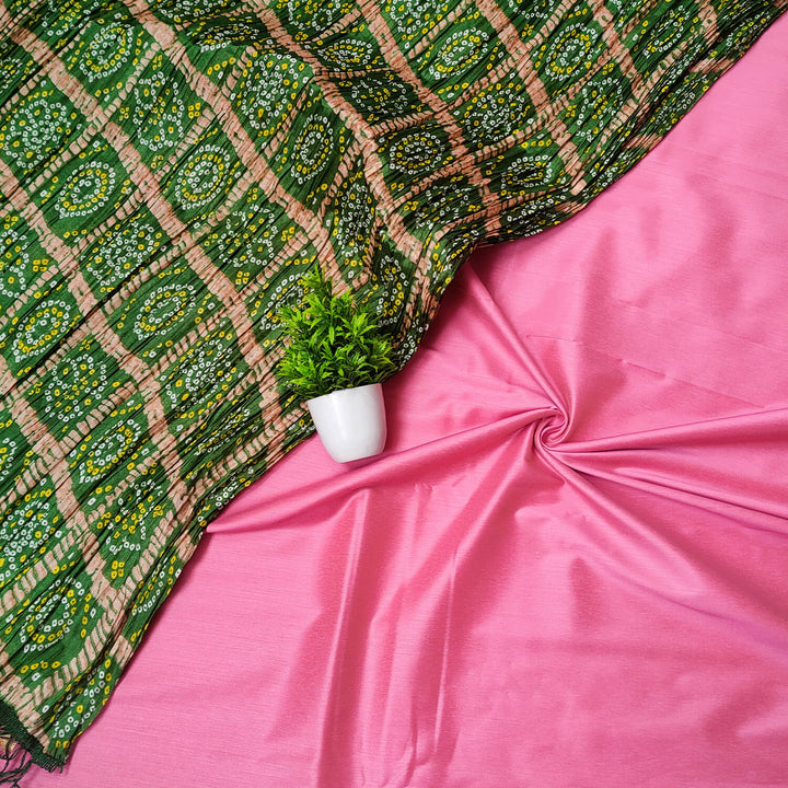 Pink Plain Banarasi Silk Suit With Green Bandhej Printed Dupatta