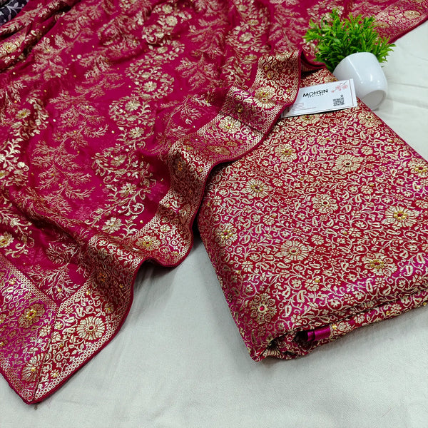 Pink Stone Work Kimkhab Silk Banarasi Gharara