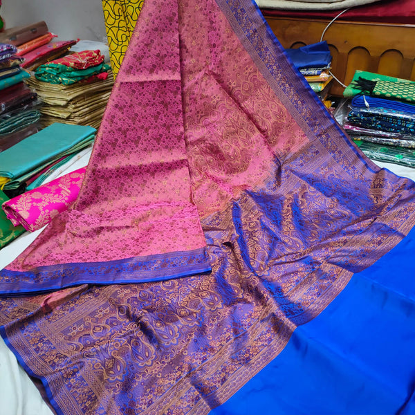 Pink and Blue Handloom Jamewar Katan Silk Banarasi Saree