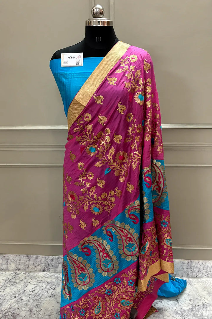 Pink and Firozi Embroidery Silky Banarasi Saree