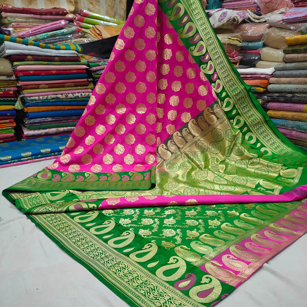 Pink and Green Patli Handloom Katan Banarasi Saree
