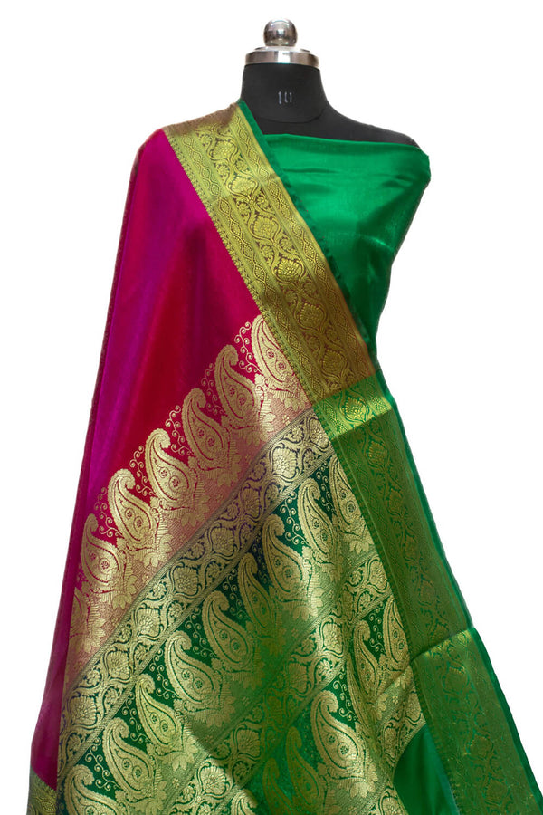 Pink and Green Plain Satin Silk Banarasi Saree