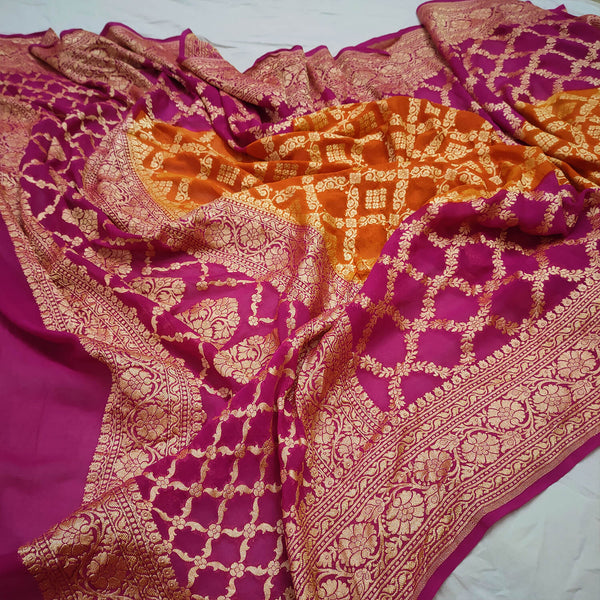 Pink and Orange Handloom Georgette Banarasi Dupatta