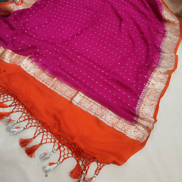 Pink and Orange Handloom Georgette Banarasi Dupatta