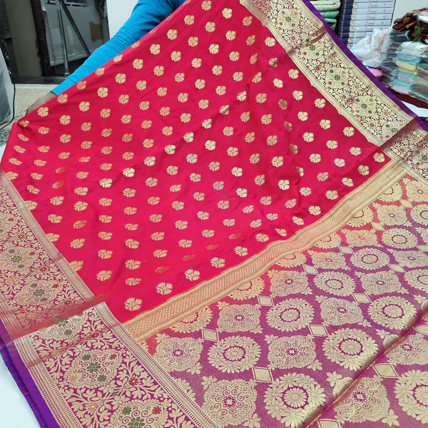 Pinkish Red and Purple Contrass Katan Silk Banarasi Saree