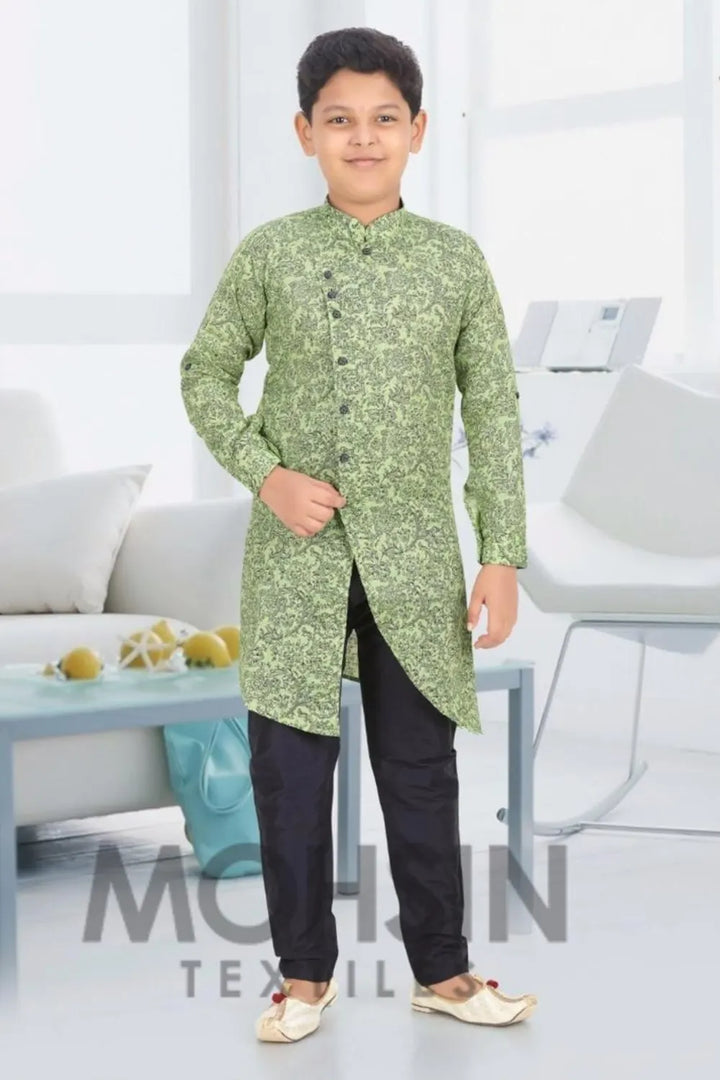 Pista Full Print Cotton Silk Boys Kurta Pajama