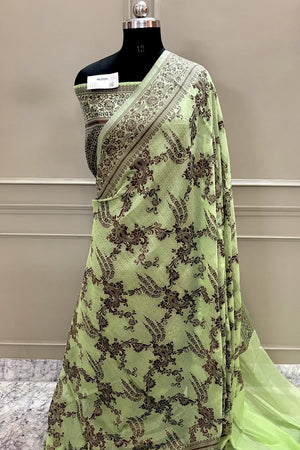 Pista Resham Zari Cotton Silk Banarasi Saree