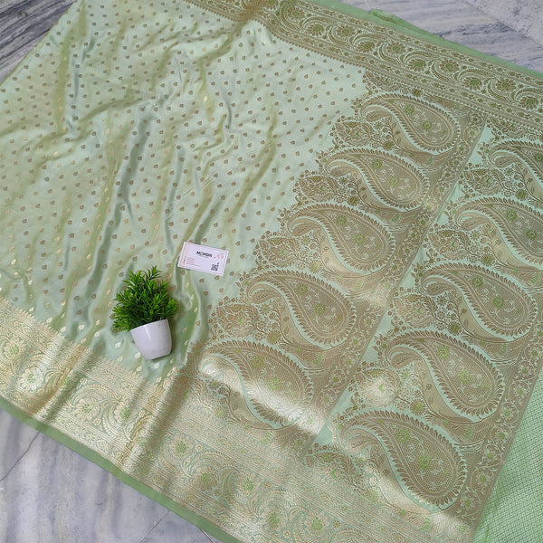 Pista Spades Buti Handloom Pure Katan Silk Banarasi Saree