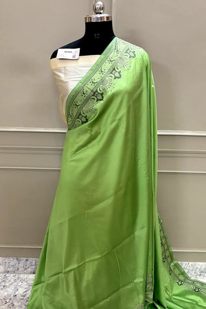 Pista and Beige Plain Resham Silk Banarasi Saree