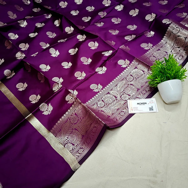 Purple Golden Zari Satin Silk Banarasi Dupatta