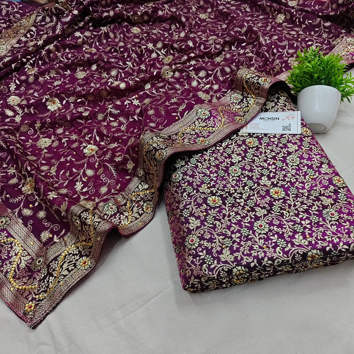 Purple Stone Work Kimkhab Silk Banarasi Gharara