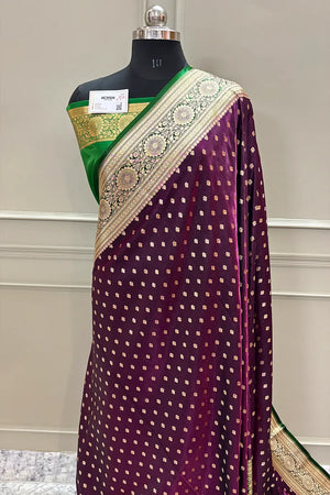 Purple and Green Makkhi Buti Satin Silk Banarasi Saree