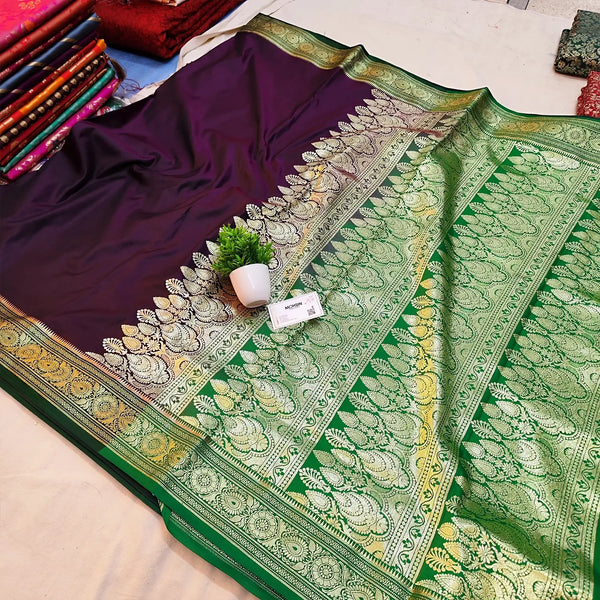 Purple and Green Satin Silk Banarasi Saree