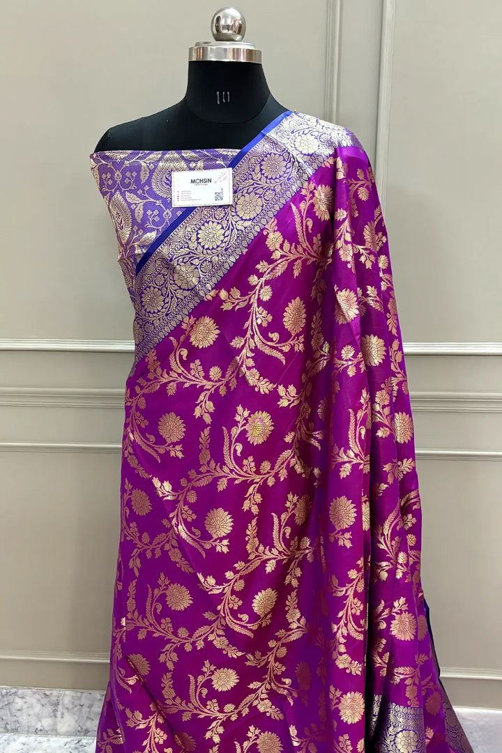 Purple and Royal Blue Morpankhi Jaal Satin Silk Banarasi Saree