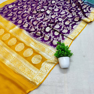 Purple and Yellow Handloom Pure Georgette Silk Banarasi Dupatta