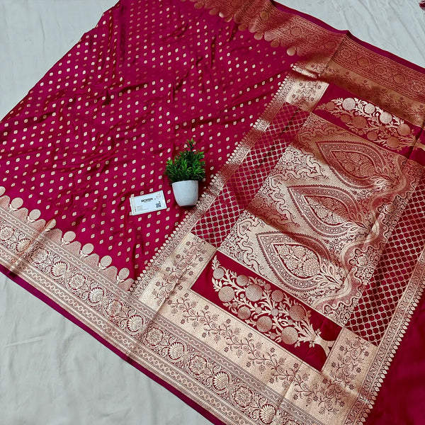 Rani Pink Golden Zari Katan Silk Banarasi Saree