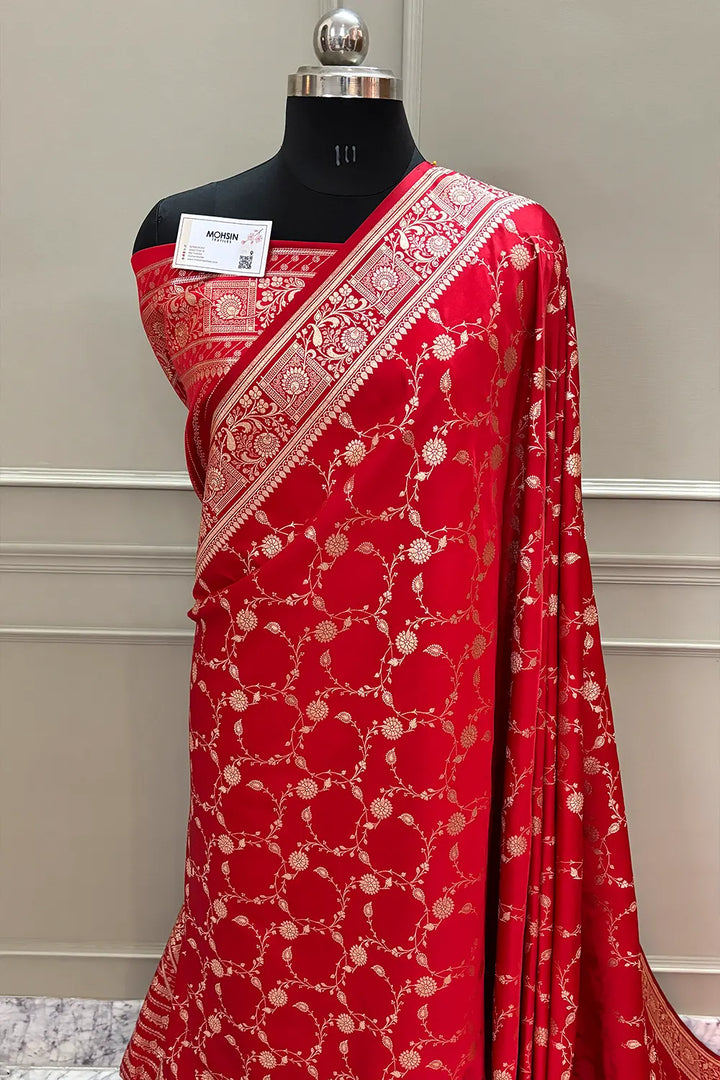 Red Albeli Jaal Katan Silk Banarasi Saree