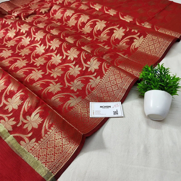 Red Golden Zari Banarasi Silk Dupatta