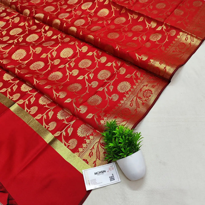 Red Golden Zari Banarasi Silk Dupatta