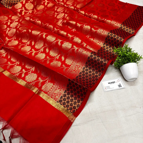 Red Golden Zari Banarasi Silk Dupatta