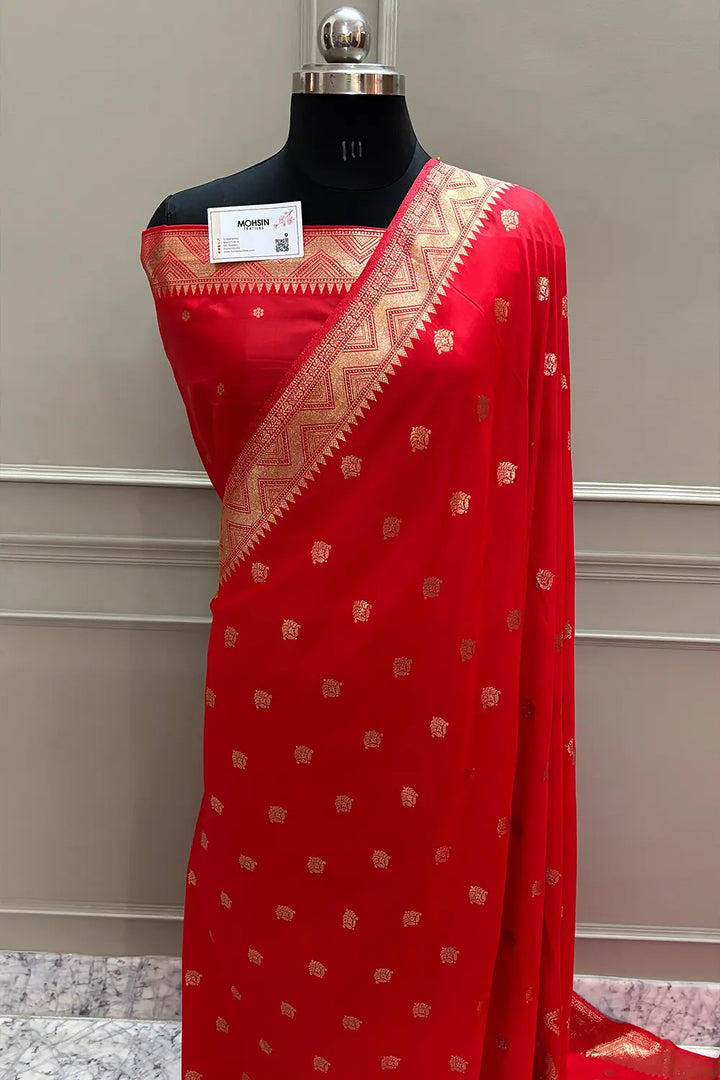 Red Golden Zari Dola Silk Banarasi Saree