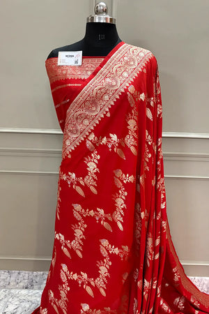 Red Golden Zari Katan Silk Banarasi Saree