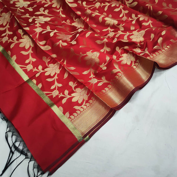 Red Golden Zari Satin Silk Banarasi Dupatta