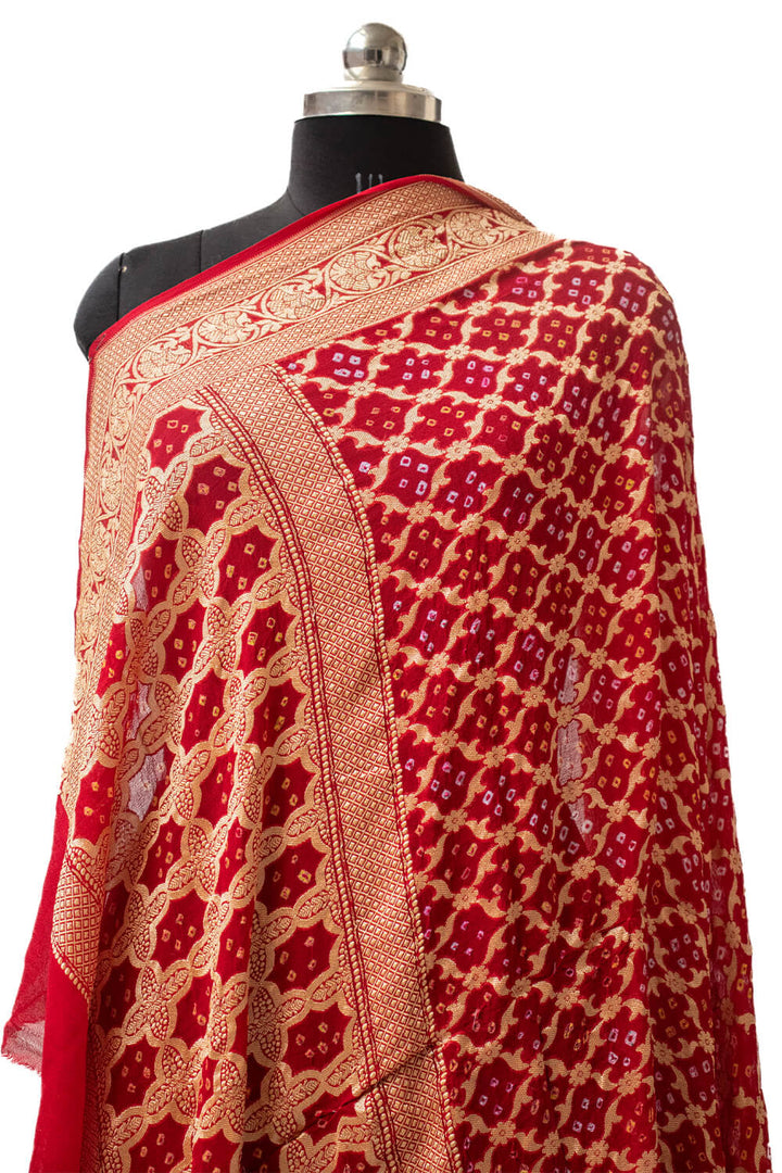 Red Handloom Bandhej Georgette Banarasi Dupatta