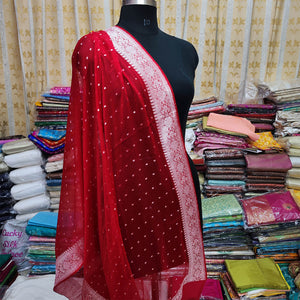 Red Handloom Pure Georgette Silk Banarasi Dupatta