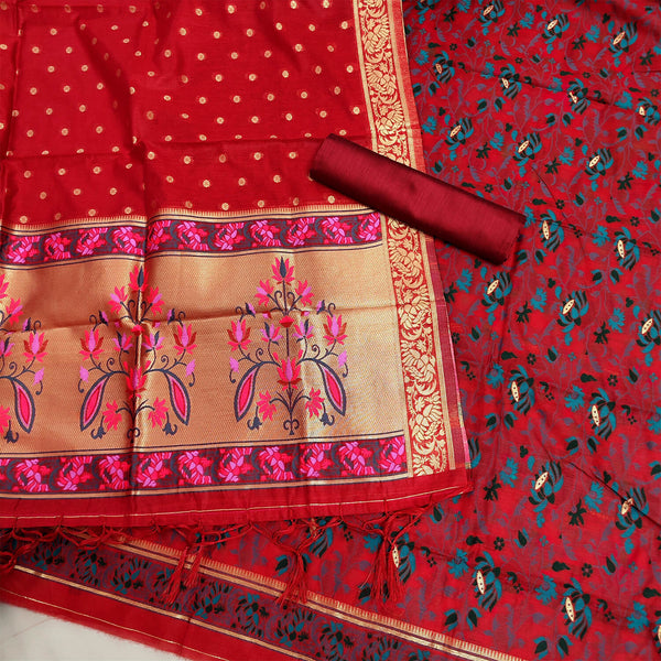 Red Jamdani Tilfi Meenakari Satin Silk Banarasi Suit