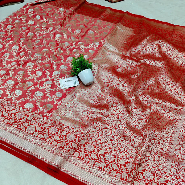 Red Maharani Jaal Crepe Silk Banarasi Saree