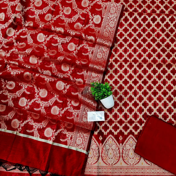 Red Mehraabi Jangla Banarasi Silk Suit
