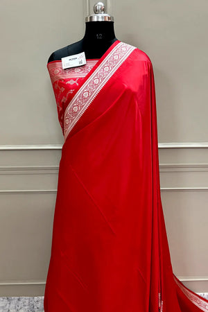 Red Plain Zari Border Katan Silk Banarasi Saree