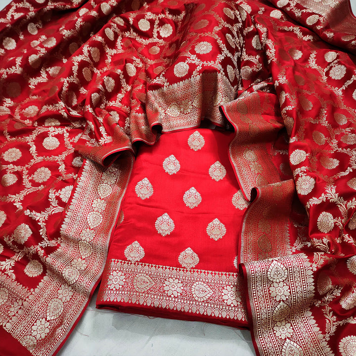 Red Pure Handloom Katan Silk Banarasi Suit