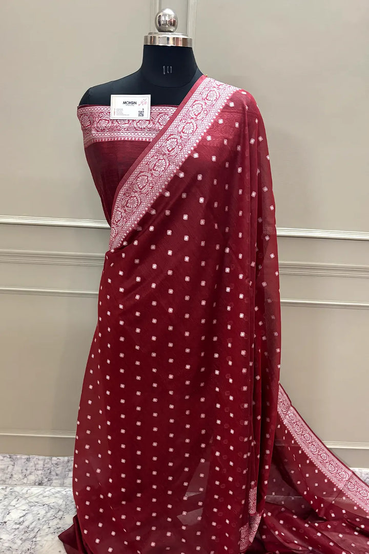 Maroon Resham Zari Cotton Silk Banarasi Saree