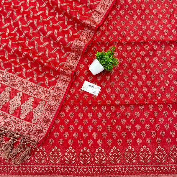 Red Resham Zari Cotton Silk Banarasi Suit