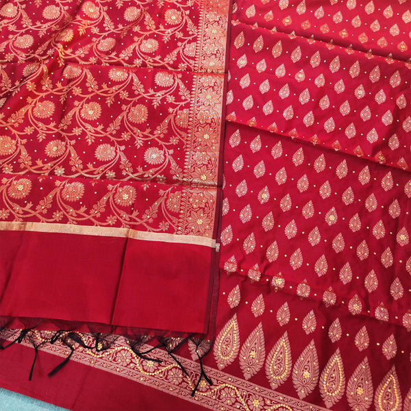 Red Satin Silk Stone Work Banarasi Suit