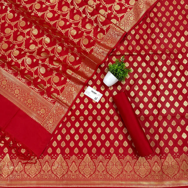 Red Singhasan Buti Satin Silk Banarasi Suit