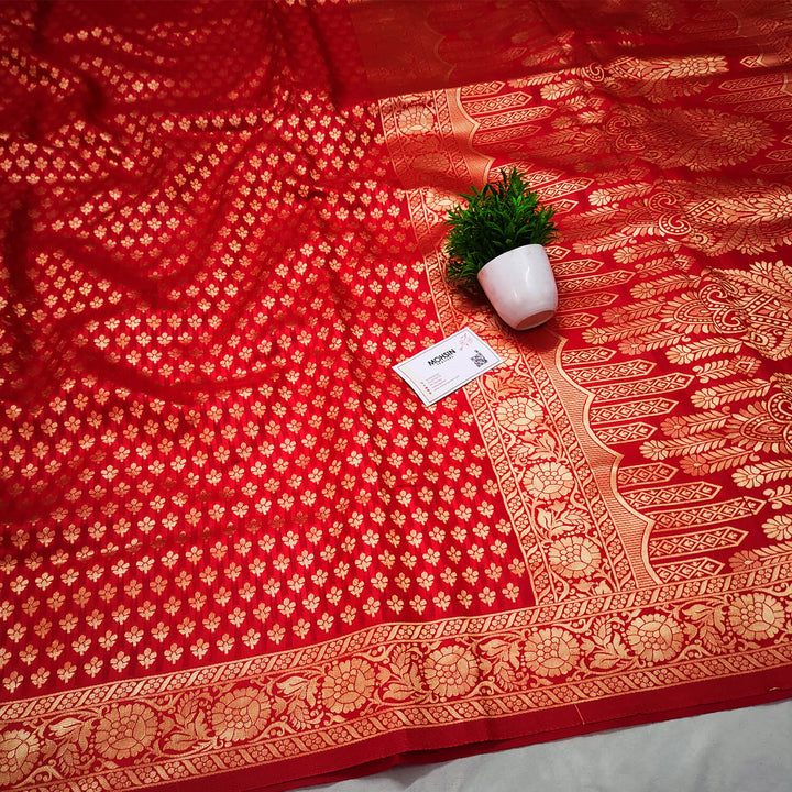 Red Soft Zari Buti Silk Banarasi Saree