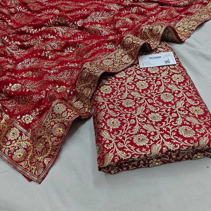 Red Stone Work Kimkhab Silk Banarasi Gharara