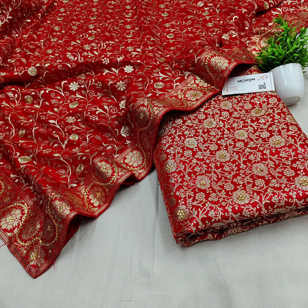 Red Stone Work Kimkhab Silk Banarasi Gharara