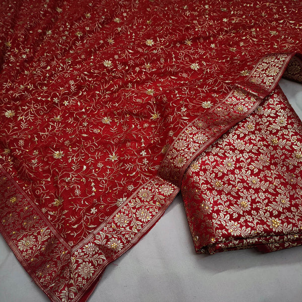 Red Stone Work Kimkhab Silk Wedding Banarasi Gharara