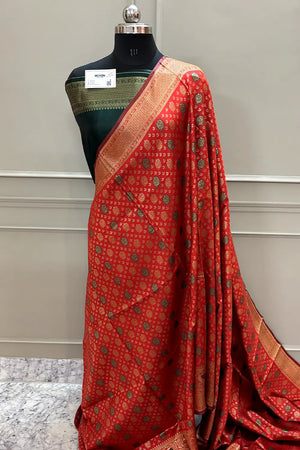 Red and Bottle Green Silky Banarasi Saree