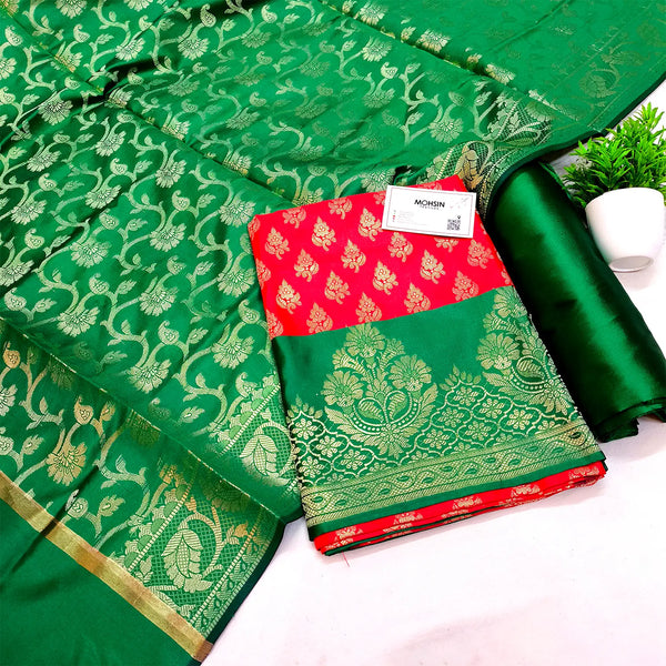 Red and Green Contrass Satin Silk Banarasi Suit